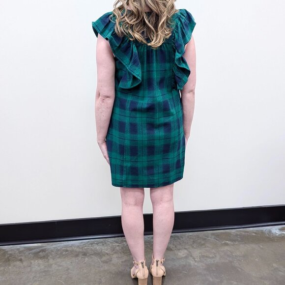 Women's Green Navy Tartan Plaid Mini Dress Entro Size Large NWT - Picture 2 of 5